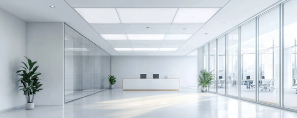 Bright office environment with white ceiling, large windows, and modern furniture creates spacious and inviting atmosphere. greenery adds touch of nature