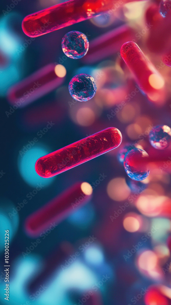Poster Close up of vibrant red and blue microscopic structures, showcasing bacteria and cells in dynamic environment. image captures intricate details of microbial life, evoking curiosity and wonder