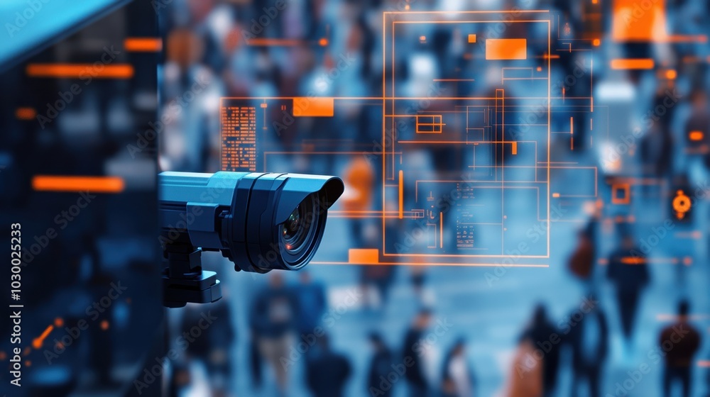 Fototapete city surveillance camera with computer vision that recognizes objects and faces to identify threats 