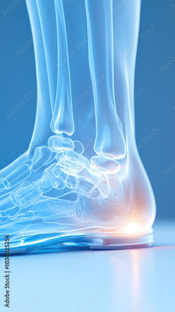 Poster transparent anatomical illustration of human foot highlighting arch and ankle joint, showcasing intr