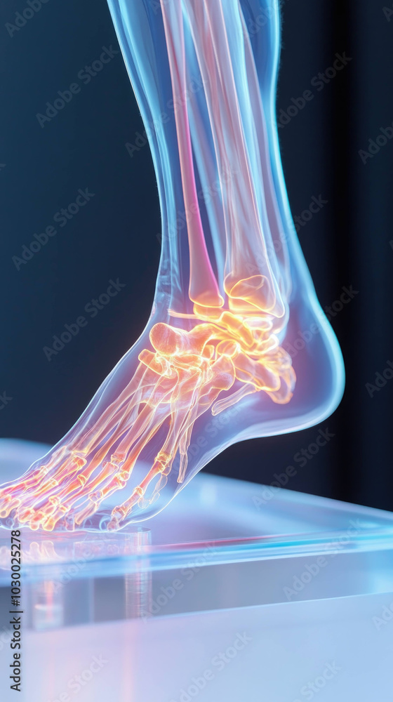 Poster close up of foot highlighting arch and ankle joint, showcasing intricate bone structure and joint mo