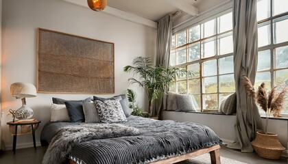 A stylish boho-themed bedroom with a comfortable anthracite pillows