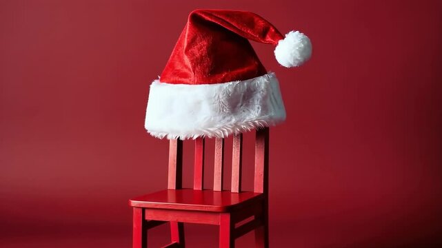 Festive red Santa hat on wooden chair with crimson backdrop