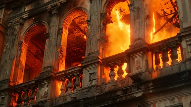 A window in an old building is engulfed in flames, highlighting the intricate details of the buildings facade, The glow of flames highlighting the intricate details of a crumbling facade