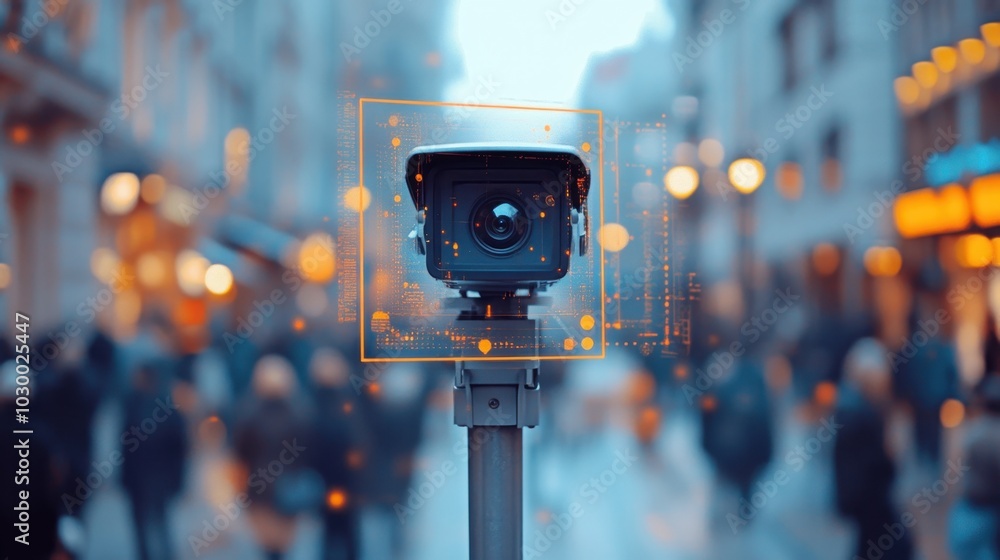 Fototapete city surveillance camera with computer vision that recognizes objects and faces to identify threats 