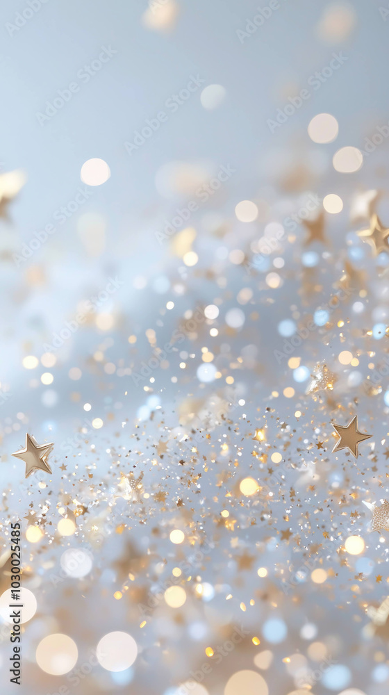 Poster whimsical abstract background featuring shimmering golden stars and soft bokeh lights, creating drea