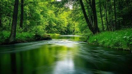 Obraz premium A serene river winding through a dense forest, the water reflecting the lush green canopy above.