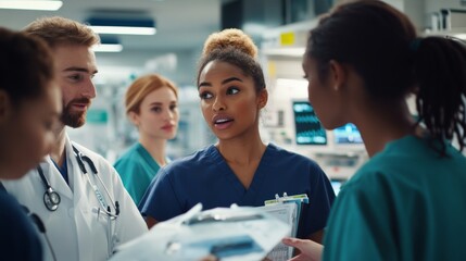 Fototapeta premium Team of nurses and doctors discussing patient care in a busy hospital setting with focused expressions and teamwork.
