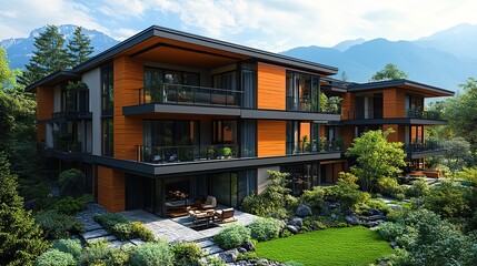 A residential building stands impressively in a beautifully scenic view.