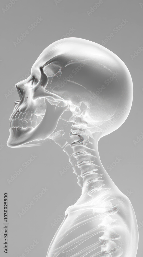 Poster anatomical x ray of human skull showcasing detailed features, including jawline and cervical vertebr