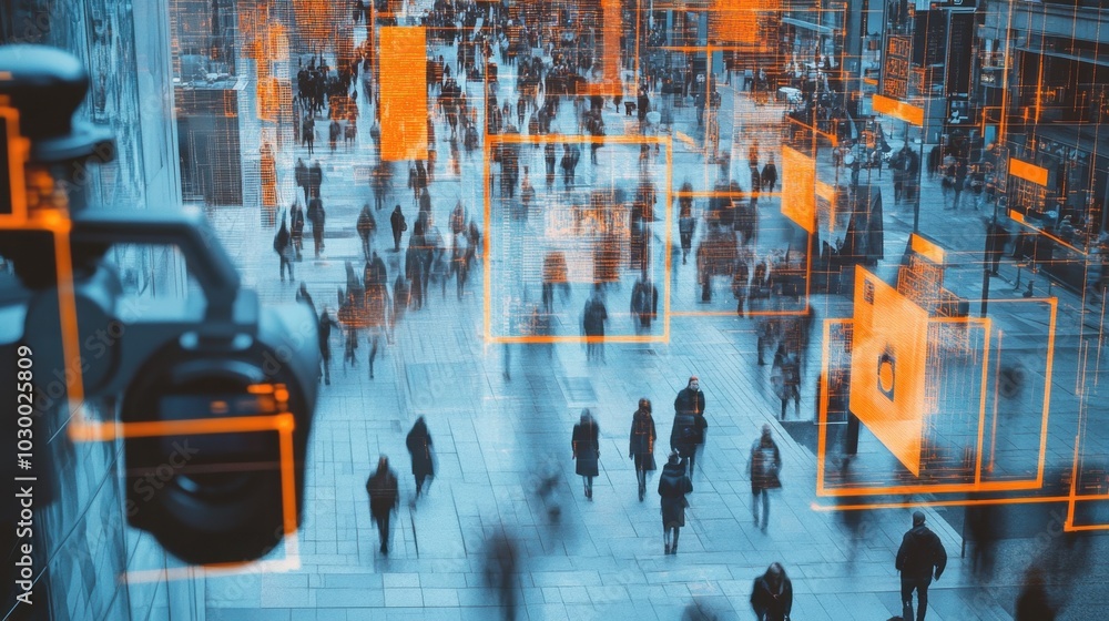 Leinwandbilder City surveillance camera with computer vision that recognizes objects and faces to identify threats and intelligent traffic control