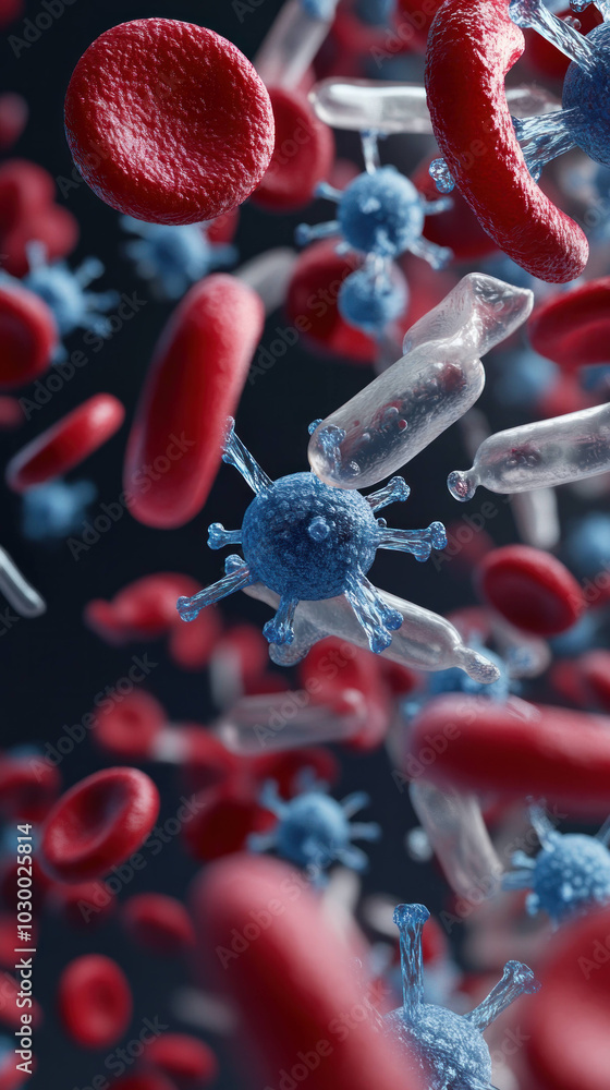 Aufkleber detailed close up of antibodies and red blood cells in blood plasma, showcasing intricate interactio