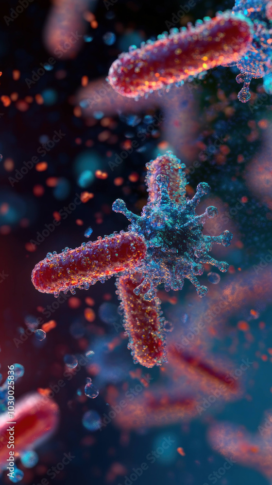 Poster detailed close up of antibodies interacting with pathogens in blood plasma, showcasing vibrant color