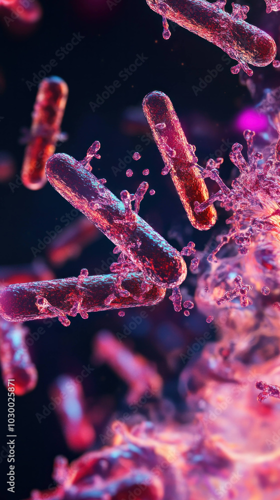 Poster detailed close up of antibodies in blood plasma, showcasing vibrant colors and intricate structures.