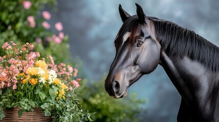 Fototapeta premium Powerful and captivating portrait of a horse in a sleek cybernetic style set against a deep purple studio backdrop The image exudes a sense of strength grace and a futuristic technological aesthetic