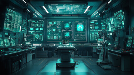 Obraz premium An operating room full of holographic displays showing surgical plans and patient anatomy is depicted in this futuristic scene of surgery involving a robotic arm that uses lasers