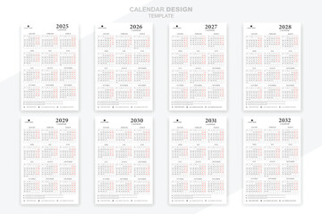 Simple calendar 2025, 2026, 2027,2028, 2029, 2030, 2031, 2032 set collection vector background design