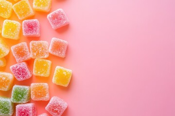 Colorful jelly candies on pink. Great for a food blog, recipe, or product promotion.