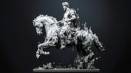 A detailed digital sculpture of a knight riding a horse, with futuristic, fragmented city elements integrated into the design, blending classical and modern styles