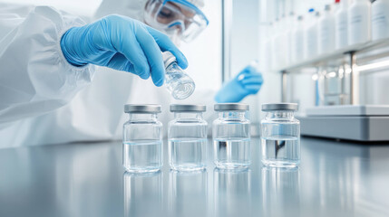 scientist in protective suit carefully adds substance to vials in high tech laboratory, showcasing precision and safety in sterile environment