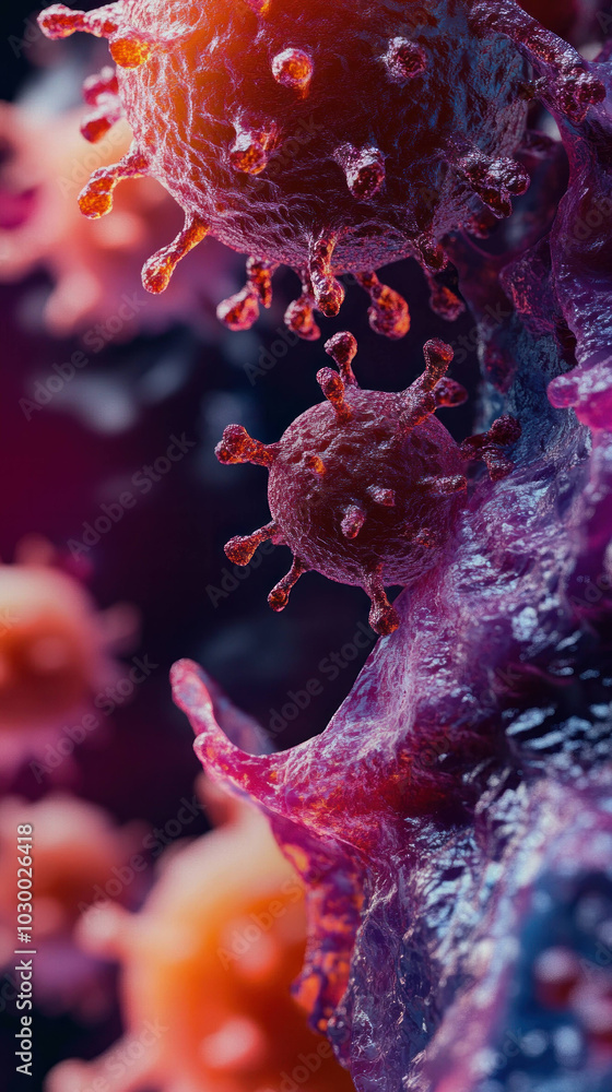 Poster Intricate close up of viruses interacting with antibodies, showcasing complex structure and vibrant colors of microscopic life. image evokes sense of scientific discovery and exploration