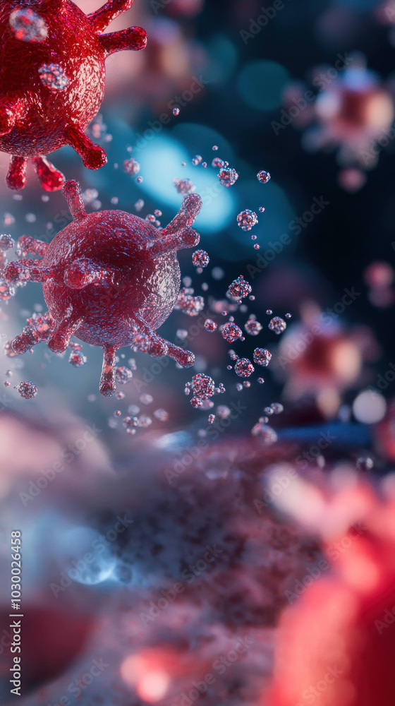 Poster microscopic view of red blood cells and antibodies interacting in dynamic environment, showcasing in