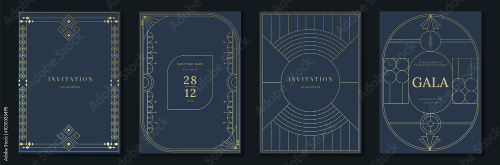 Poster luxury gold invitation card design vector. abstract geometry frame and art deco pattern background. 