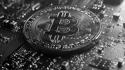 Bitcoin imagery is depicted on a circuit board background in black.