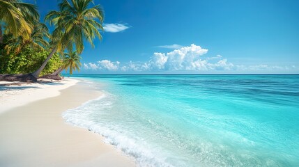 A tranquil beach scene with clear blue waters gently lapping at the shore, palm trees swaying in the breeze