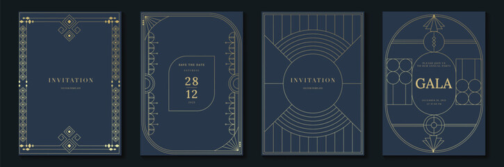 Luxury gold invitation card design vector. Abstract geometry frame and Art deco pattern background. Use for wedding invitation, cover, VIP card, gala, print, poster and wallpaper. Vector illustration.