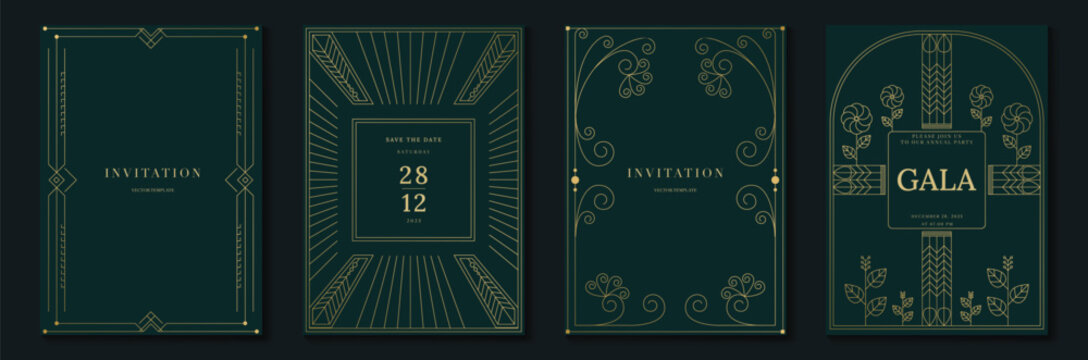Luxury gold invitation card design vector. Abstract geometry frame and Art deco pattern background. Use for wedding invitation, cover, VIP card, gala, print, poster and wallpaper. Vector illustration.
