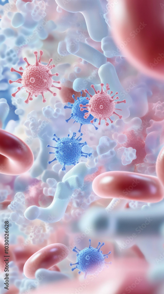 Aufkleber Macro shot of blood cells with antibodies targeting viruses, showcasing intricate details of immune response. vibrant colors highlight dynamic interaction between cells
