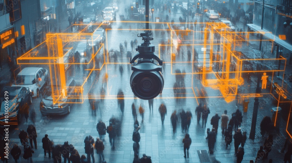 Leinwandbilder city surveillance camera with computer vision that recognizes objects and faces to identify threats 