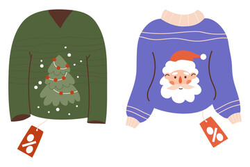 Christmas ugly sweater with Santa Claus and Xmas tree with price tags. New Year shopping sale. Isolated festive clothes on white. Vector illustration. Holiday gift symbol