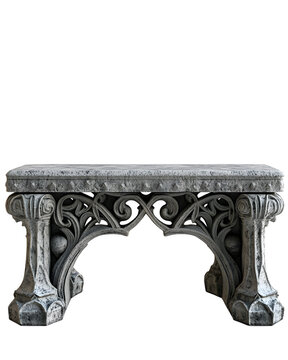 A Roman Gothicstyle stone bench with decorative, spiked legs and intricate details