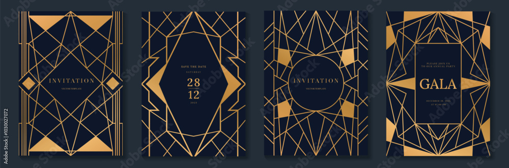 Poster luxury gold invitation card design vector. abstract geometry frame and art deco pattern background. 