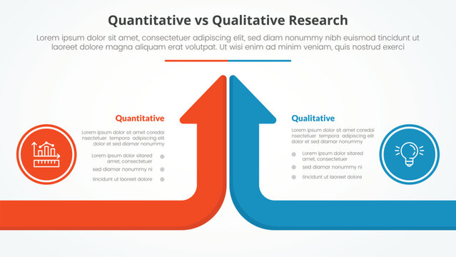 quantitative vs qualitative research data comparison opposite infographic concept for slide presentation with long arrow bar top direction long arrow bar top direction with flat style