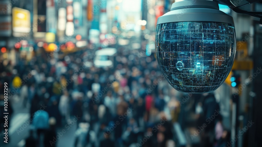 Aufkleber City surveillance camera with computer vision that recognizes objects and faces to identify threats and intelligent traffic control