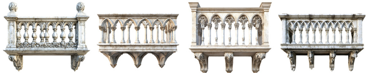 A stone Roman Gothicstyle balcony railing with pointed arches and detailed carvings