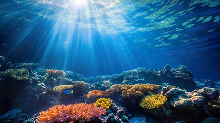 Obraz premium An underwater scene showing vibrant coral reefs and colorful marine life, illuminated by beams of sunlight filtering through the water