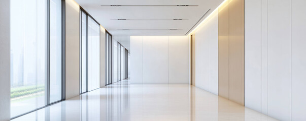 Fototapeta premium Spacious hallway in contemporary building with large windows, showcasing bright and airy atmosphere. sleek design emphasizes modern architecture and minimalism