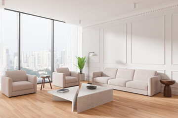 Classical living room interior with chairs and couch near panoramic window