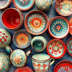 Top view of vibrant, intricately designed ceramic cups and bowls, showcasing detailed patterns and bright colors in a traditional style