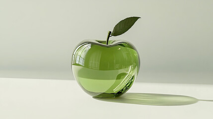 Minimalist design featuring a transparent green glass apple with a leaf, casting a soft shadow in a clean, modern setting