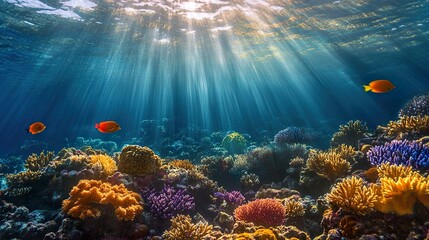 Fototapeta premium An underwater scene showing vibrant coral reefs and colorful marine life, illuminated by beams of sunlight filtering through the water