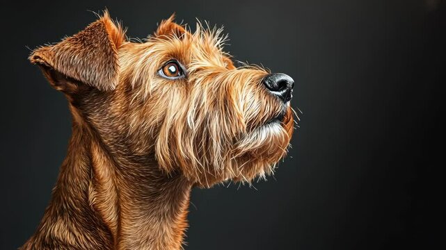A brown Irish terrier dog is looking up with its head tilted