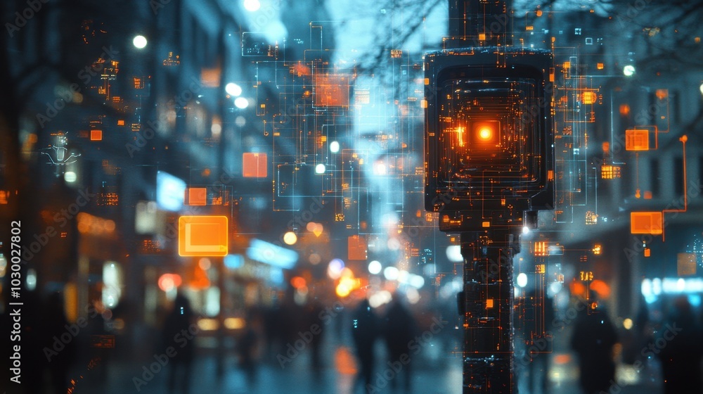 Leinwandbilder City surveillance camera with computer vision that recognizes objects and faces to identify threats and intelligent traffic control