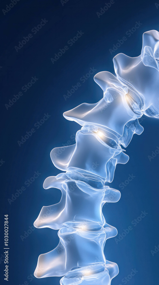 Poster X ray image of human spine displaying vertebrae, showcasing intricate structure and alignment of spinal column. This highlights importance of spinal health and anatomy