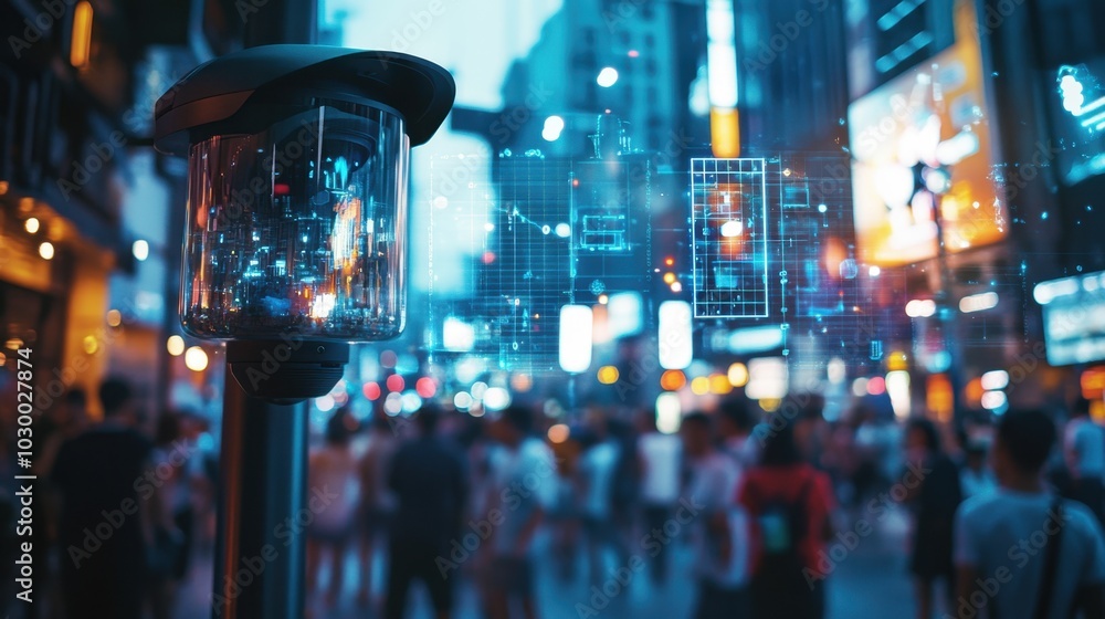 Fototapete City surveillance camera with computer vision that recognizes objects and faces to identify threats and intelligent traffic control
