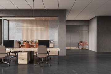 Modern office interior design with collaborative workspace and natural elements. 3D Rendering